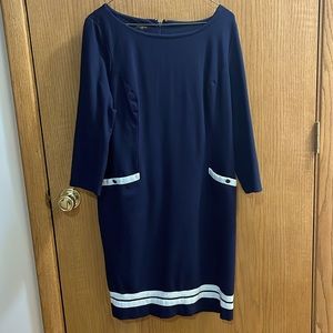 Talbots navy dress with white trim.